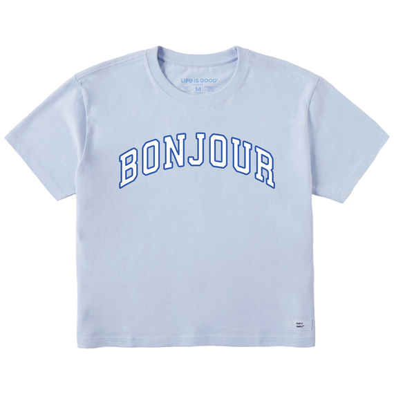 Life is Good. Women's Bonjour Arch Boxy Crusher Tee, Glacier Blue