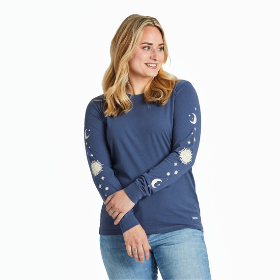 Life is Good. Women's Celestial Sun & Moons Long Sleeve Crusher-LITE Tee, Darkest Blue