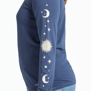 Life is Good. Women's Celestial Sun & Moons Long Sleeve Crusher-LITE Tee, Darkest Blue