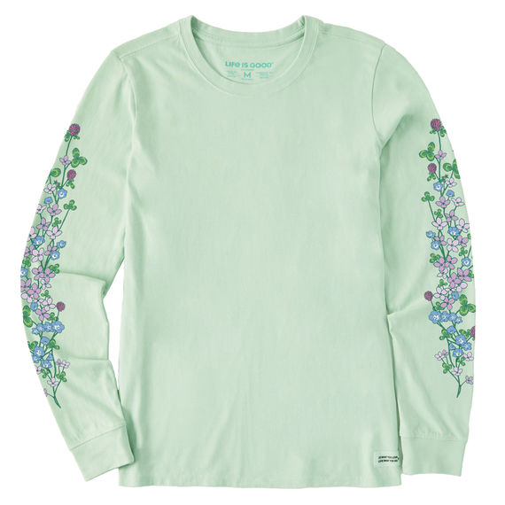 Life is Good. Women's Clovers & Wildflowers Long Sleeve Crusher Tee, Sage Green