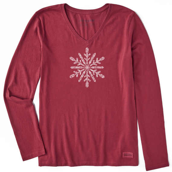 Life is Good. Women's Contrast Snowflake Long Sleeve Crusher Vee, Cranberry Red