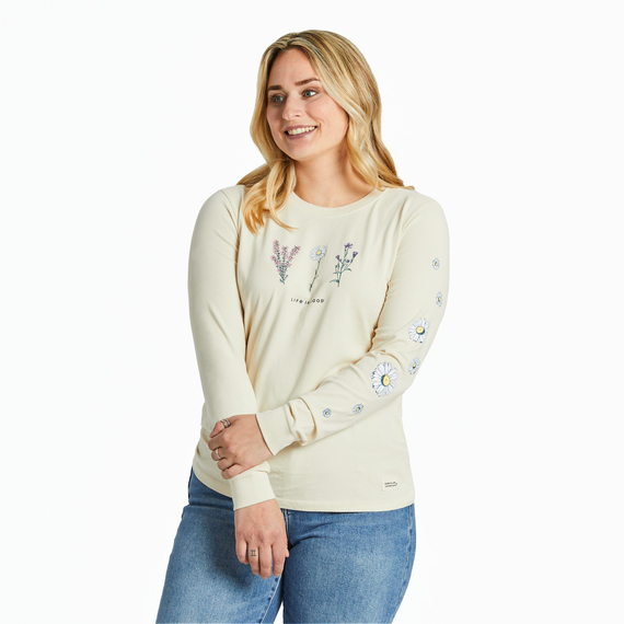 Life is Good. Women's Detailed Wildflowers Long Sleeve Crusher Tee, Putty White