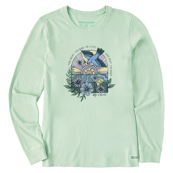 Life is Good. Women's Dreamy Floral Bird Sunrise Best Things Long Sleeve Crusher Tee, Sage Green