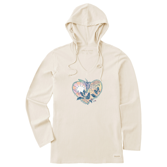 Life is Good. Women's Dreamy Hummingbird Heart Long Sleeve Crusher-LITE Hooded Tee, Putty White