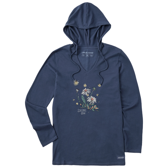 Life is Good. Women's Dreamy Shine On Daisies Long Sleeve Crusher-LITE Hooded Tee, Darkest Blue