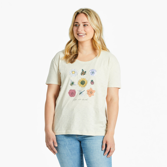 Life is Good. Women's Fineline Bugs and Flowers Grid Relaxed Fit Slub Tee, Putty White