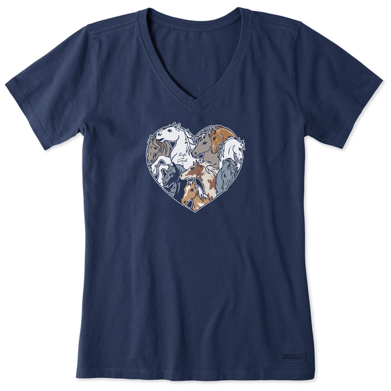 Life is Good. Women's Fineline Horses Heart Short Sleeve Crusher Vee, Darkest Blue