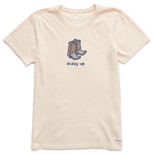 Life is Good. Women's Giddy Up Cowboy Boots Crusher Tee, Putty White