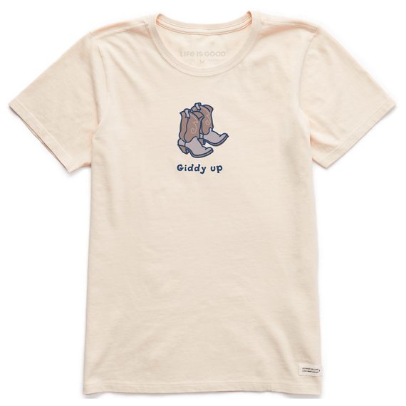 Life is Good. Women's Giddy Up Cowboy Boots Crusher Tee, Putty White