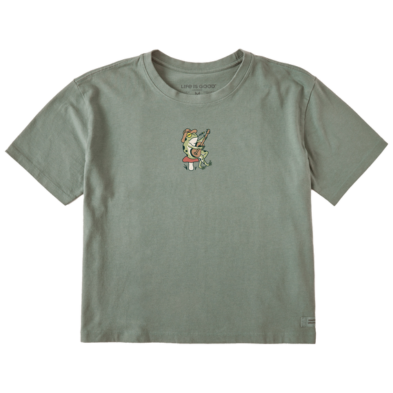 Life is Good. Women's Groovy Frog Guitar Boxy Crusher Tee, Moss Green