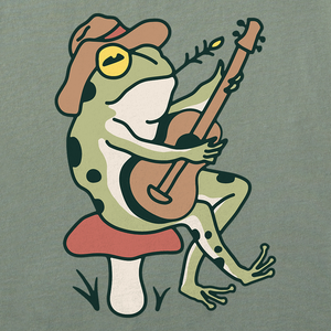 Life is Good. Women's Groovy Frog Guitar Boxy Crusher Tee, Moss Green