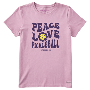 Life is Good. Women's Groovy Peace Love Pickleball Flower Crusher Tee, Violet Purple