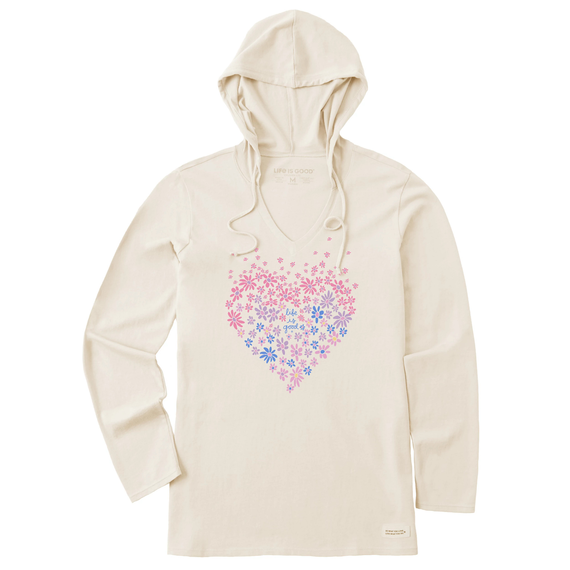 Life is Good. Women's Heart Daisy Long Sleeve Crusher-LITE Hooded Tee, Putty White