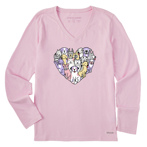 Life is Good. Women's Heart of Dogs Long Sleeve Crusher Vee, Seashell Pink