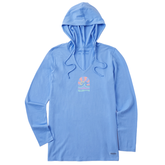 Life is Good. Women's Here Comes The Sunshine Arch Long Sleeve Crusher-LITE Hooded Tee, Cornflower Blue