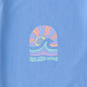 Life is Good. Women's Here Comes The Sunshine Arch Long Sleeve Crusher-LITE Hooded Tee, Cornflower Blue