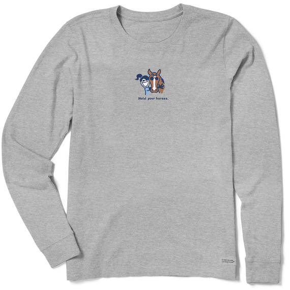 Life is Good. Women's Hold Your Horses Long Sleeve Crusher Tee, Heather Gray