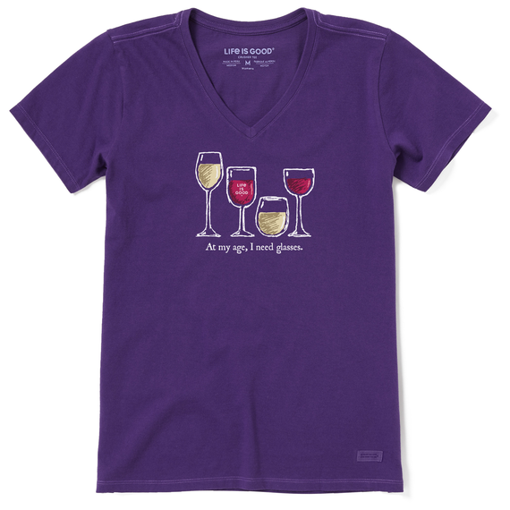 Life is Good. Women's I Need Wine Glasses Short Sleeve Crusher Vee, Deep Purple