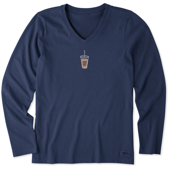 Life is Good. Women's Iced Coffee Long Sleeve Crusher Vee, Darkest Blue