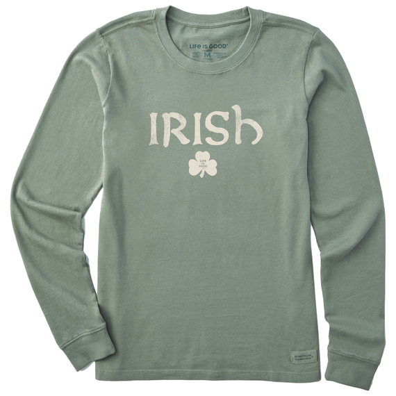 Life is Good. Women's Irish Clover Long Sleeve Crusher Tee, Moss Green