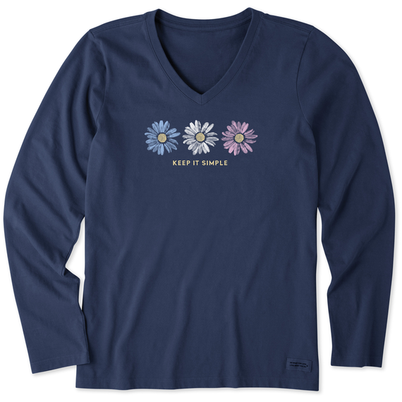 Life is Good. Women's Keep it Simple Trio Daisy Long Sleeve Crusher-LITE Vee, Darkest Blue