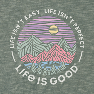 Life is Good. Women's Life Isn't Perfect Woodblock Mountains Textured Slub Tank, Moss green