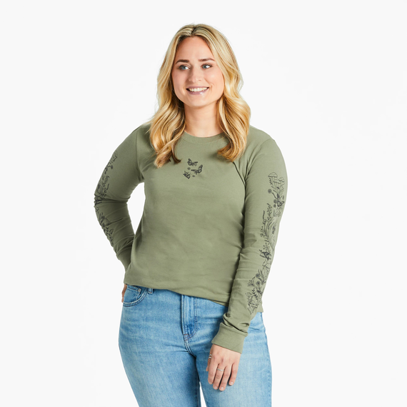 Life is Good. Women's Linework Butterfly Trio Long Sleeve Crusher-LITE Tee, Moss Green