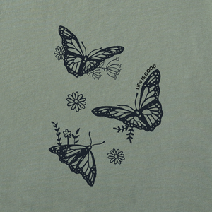 Life is Good. Women's Linework Butterfly Trio Long Sleeve Crusher-LITE Tee, Moss Green