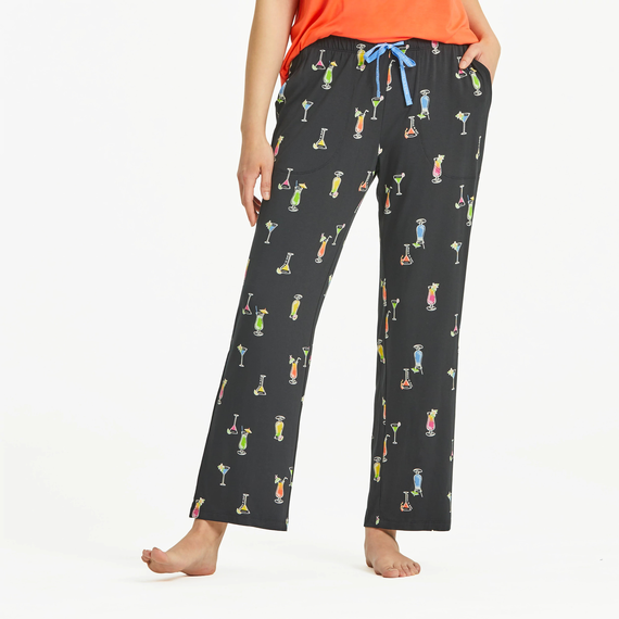 Life is Good. Women's Martini and Cocktail Pattern Lightweight Sleep Pant, Jet Black