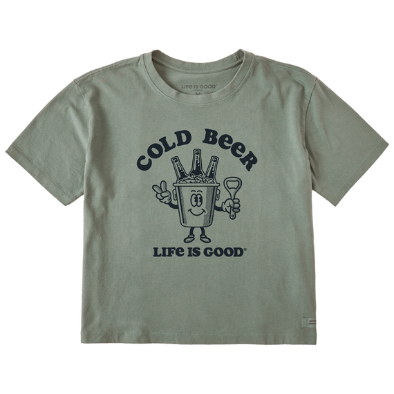 Life is Good. Women's Matchbook Cold Beer Boxy Crusher Tee, Moss Green