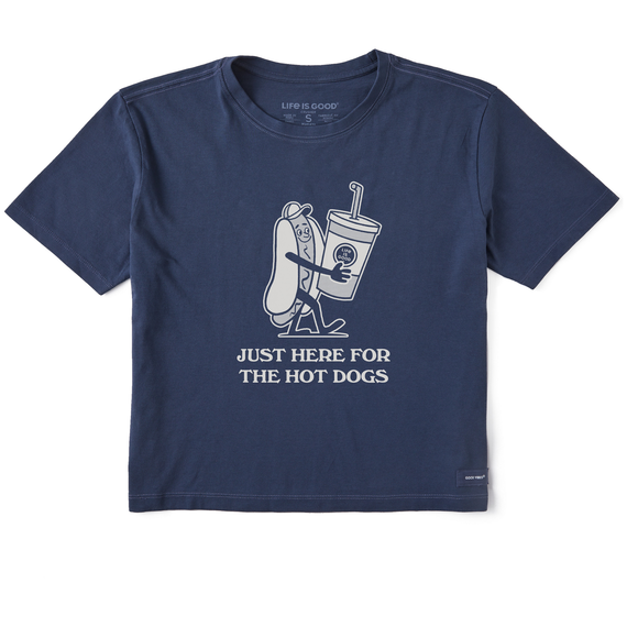 Life is Good. Women's Matchbook Here for the Hotdogs Boxy Crusher Tee, Darkest Blue