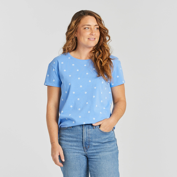 Life is Good. Women's Paw Print Pattern Crusher-LITE Easy Tee, Cornflower Blue