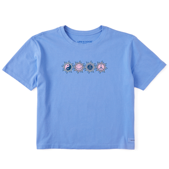 Life is Good. Women's Rally Suns Boxy Crusher Tee, Cornflower Blue