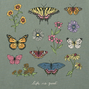 Life is Good. Women's Realaxed Butterflies and Wildflowers Crusher Tee, Moss Green