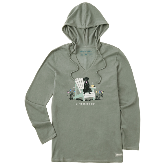 Life is Good. Women's Realisn't Black Lab Adirondack Long Sleeve Crusher-LITE Hooded Tee, Moss Green