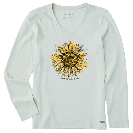 Life is Good. Women's Scribbled Sunflower Long Sleeve Crusher Vee, Fog Gray