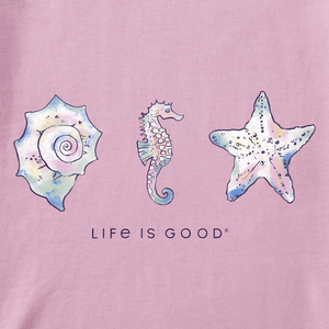 Life is Good. Women's Sea Life and Shells Long Sleeve Crusher Vee, Violet Purple