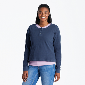 Life is Good. Women's Solid Boxy Thermal Henley, Darkest Blue