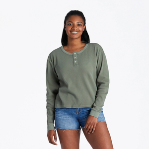 Life is Good. Women's Solid Boxy Thermal Henley, Moss Green