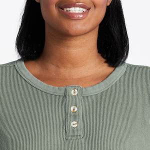 Life is Good. Women's Solid Boxy Thermal Henley, Moss Green