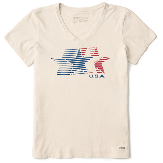 Life is Good. Women's Stars and Stripes Crusher Vee, Putty White