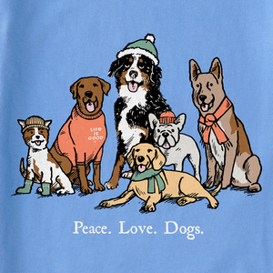 Life is Good. Women's Storybook Peace Love Dogs Long Sleeve Crusher Tee, Cornflower Blue