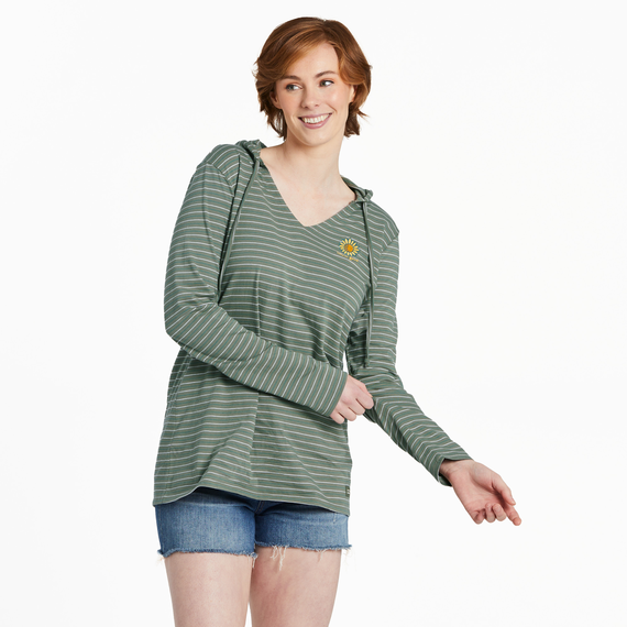 Life is Good. Women's Sunflower Long Sleeve Striped Crusher-LITE Hooded Tee, Moss Green