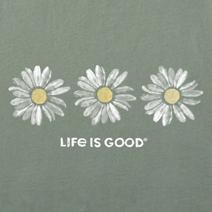 Life is Good. Women's Three Painted Daisies Long Sleeve Crusher Tee, Moss Green