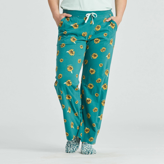 Life is Good. Women's Tossed Sunflower Pattern Snuggle Up Sleep Pant, Spruce Green