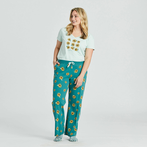 Life is Good. Women's Tossed Sunflower Pattern Snuggle Up Sleep Pant, Spruce Green