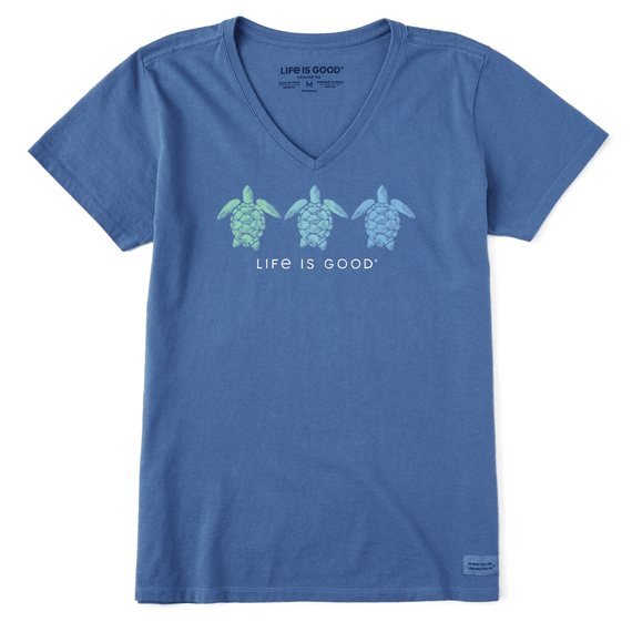 Life is Good. Women's Tres Turtles Short Sleeve Vee, Vintage Blue