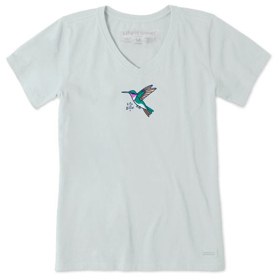 Life is Good. Women's Vintage Hummingbird Short Sleeve Crusher Vee, Fog Gray