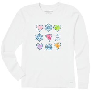 Life is Good. Women's Watercolor Snowflakes & Hearts LS Crusher Tee, Cloud White