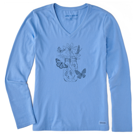 Life is Good. Women's Wildflower and Butterflies Jar Long Sleeve Crusher Vee, Cornflower Blue